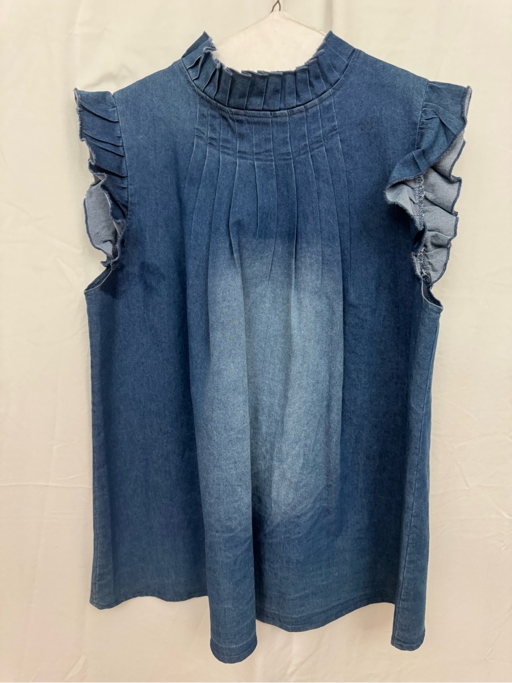 Mazik Blue Denim Pleated Ruffle Sleeveless Top